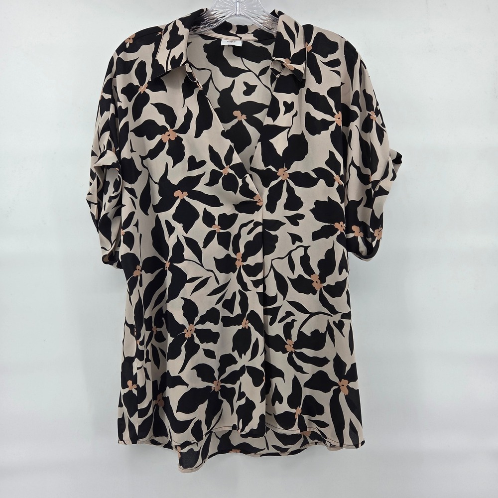 CAbi Black and Cream Floral Button-Front Blouse